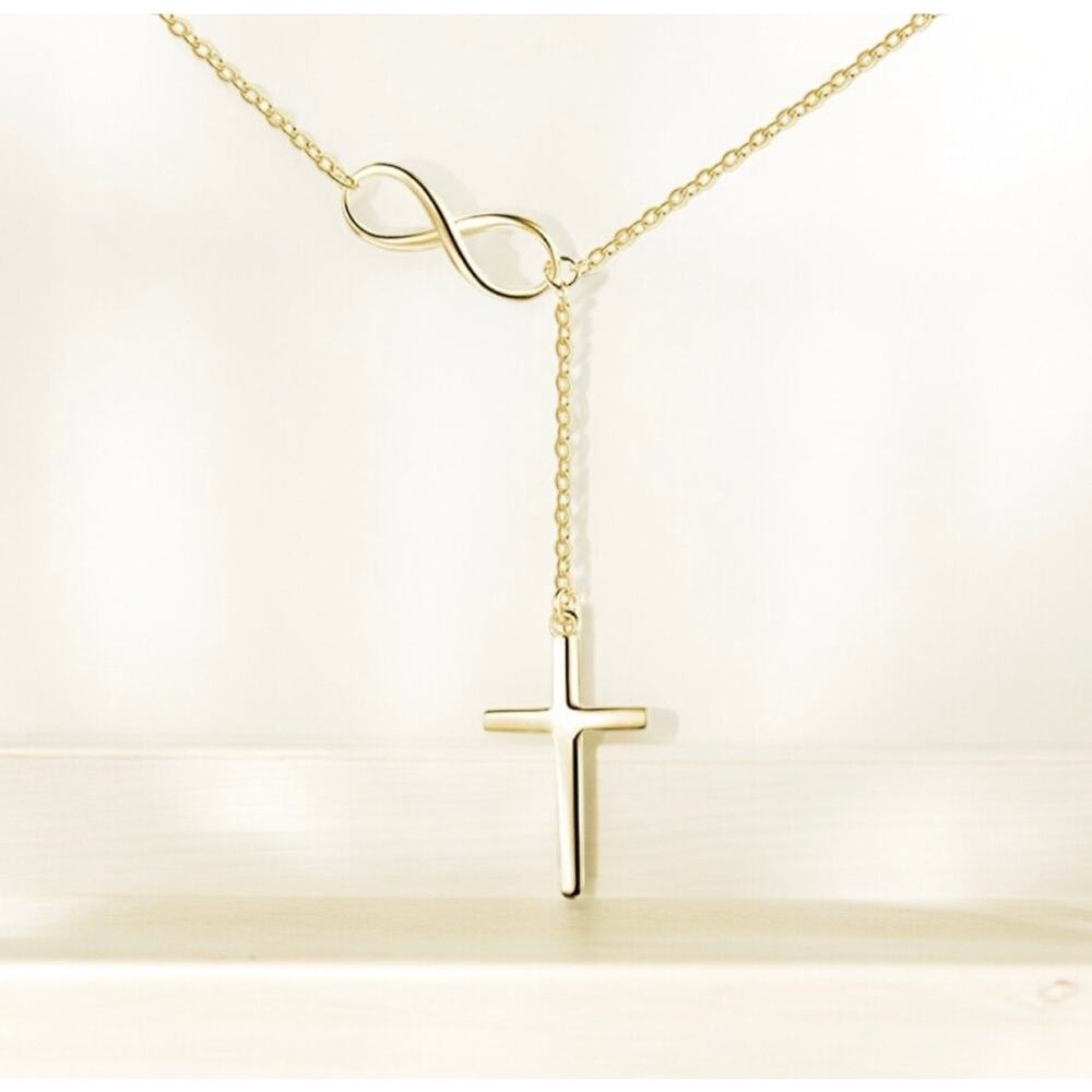 NEW 14K yellow gold plated infinity cross Christian chain necklace jewelry B29A